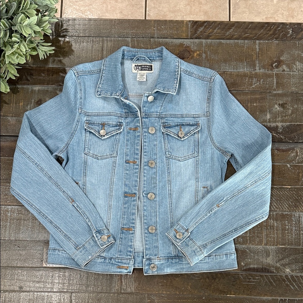 Vintage Route 66 Distressed Rhinestone Cross Denim Jacket Light Wash 90s
